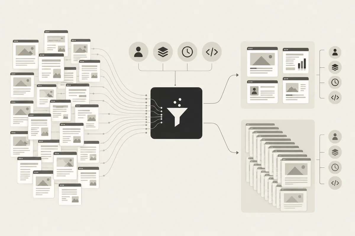 Diagramma della ricalibrazione della ricerca: pagine autorevoli separate da contenuti sottili e ripetitivi.