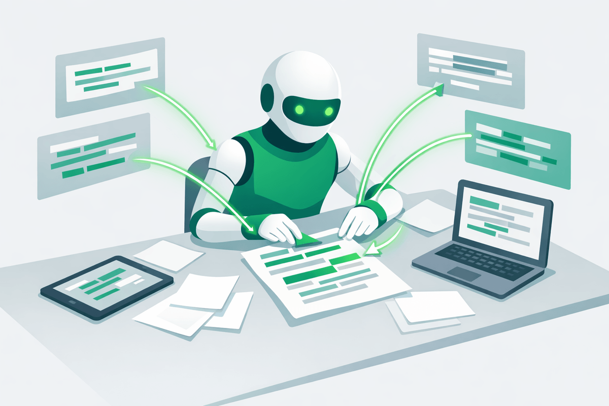 Illustration of Claude assembling snippets from multiple web pages into one answer showing how Claude picks sources