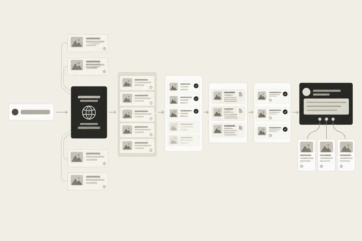 Wordless diagram of Claude retrieving, verifying, and citing web sources