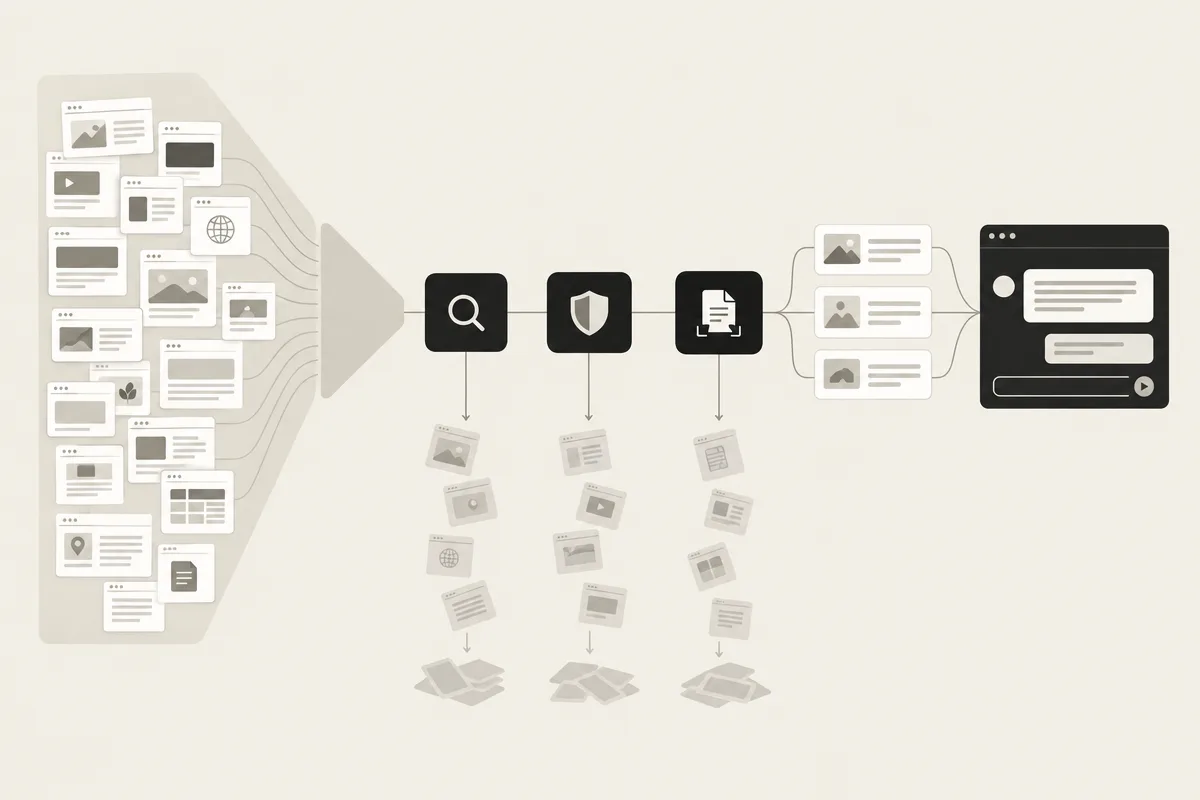 Wordless funnel showing how ChatGPT retrieves, filters, and selects cited sources