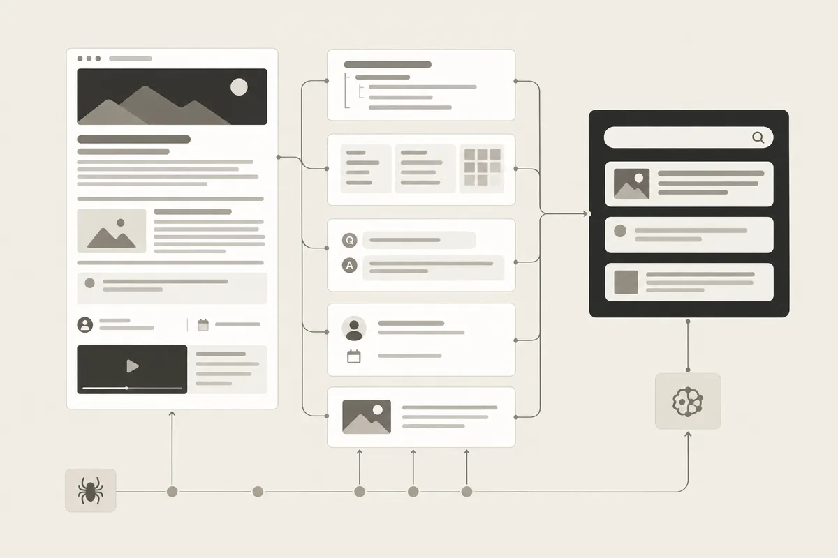 Wordless technical diagram of crawlability, schema, and structured content for AI retrieval