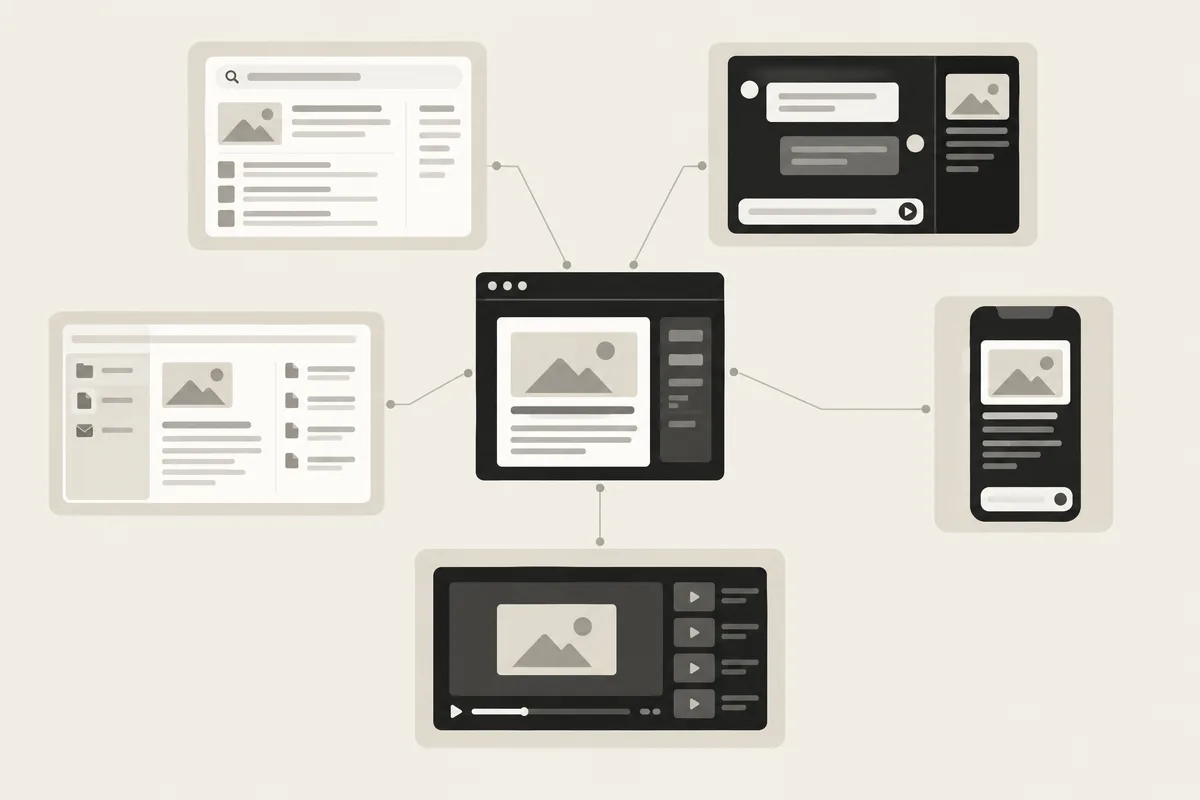A source page connected to search, AI assistant, workspace, mobile, and video surfaces.