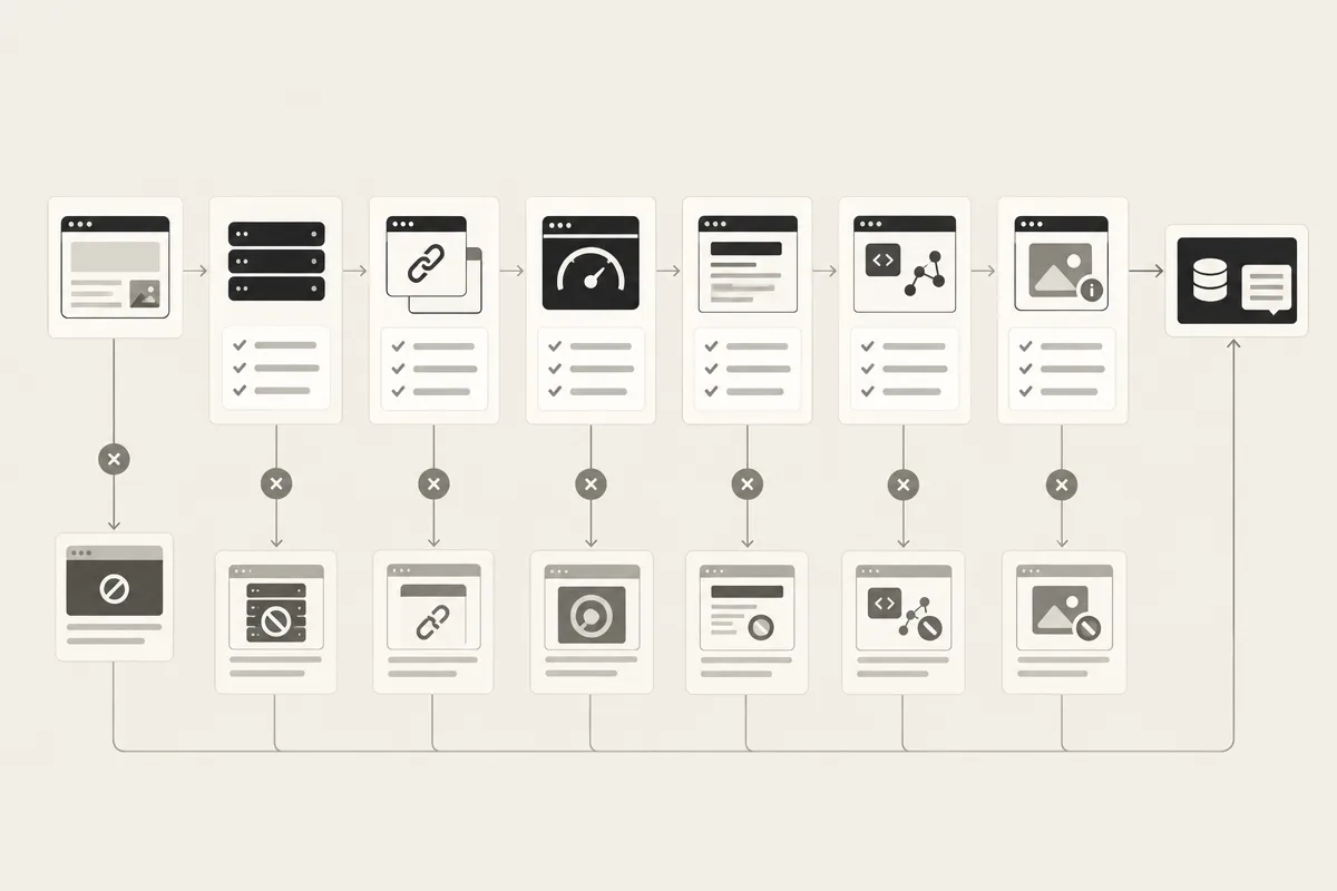 Technical pipeline showing crawlability, indexing, speed, headings, schema, and metadata enabling Gemini citations.