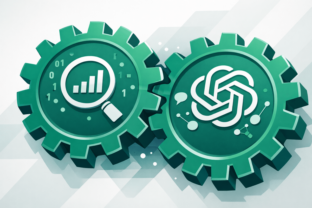 Two connected gears turning together symbolizing the Bing index and ChatGPT answers in IndexNow for GEO