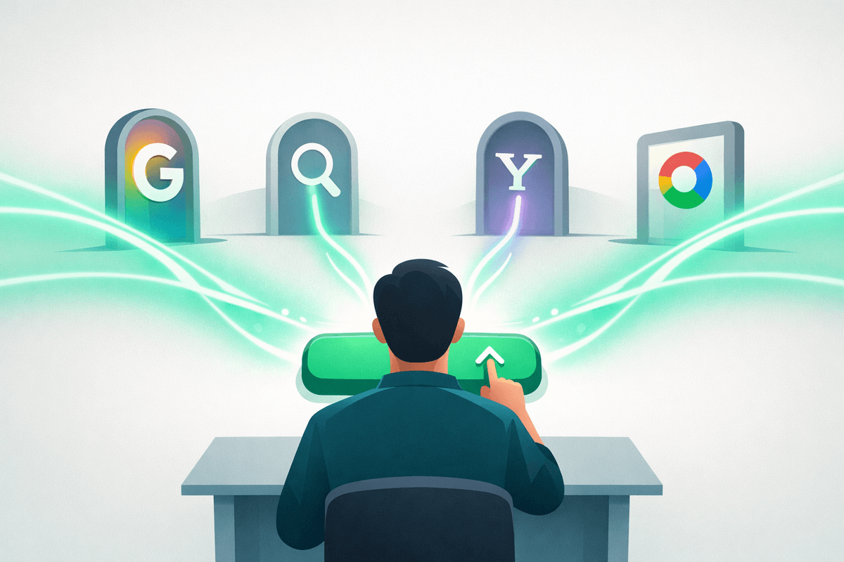 Website editor pressing publish sending signals to multiple search engine doors, symbolizing IndexNow for GEO