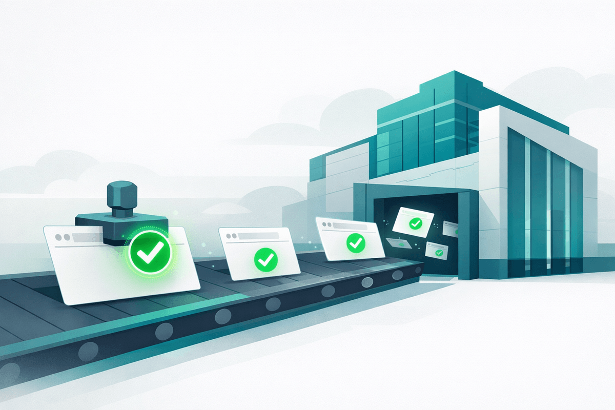 Checklist of URLs being stamped sent and entering a large archive building symbolizing Bing for IndexNow for GEO