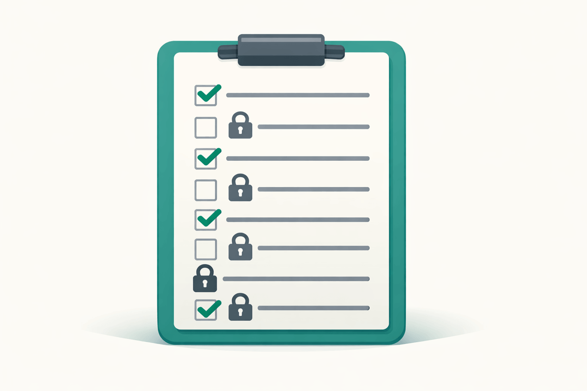 Checklist with lock icon illustrating AI-ready pages and exclusions for llms.txt AI crawler guidance