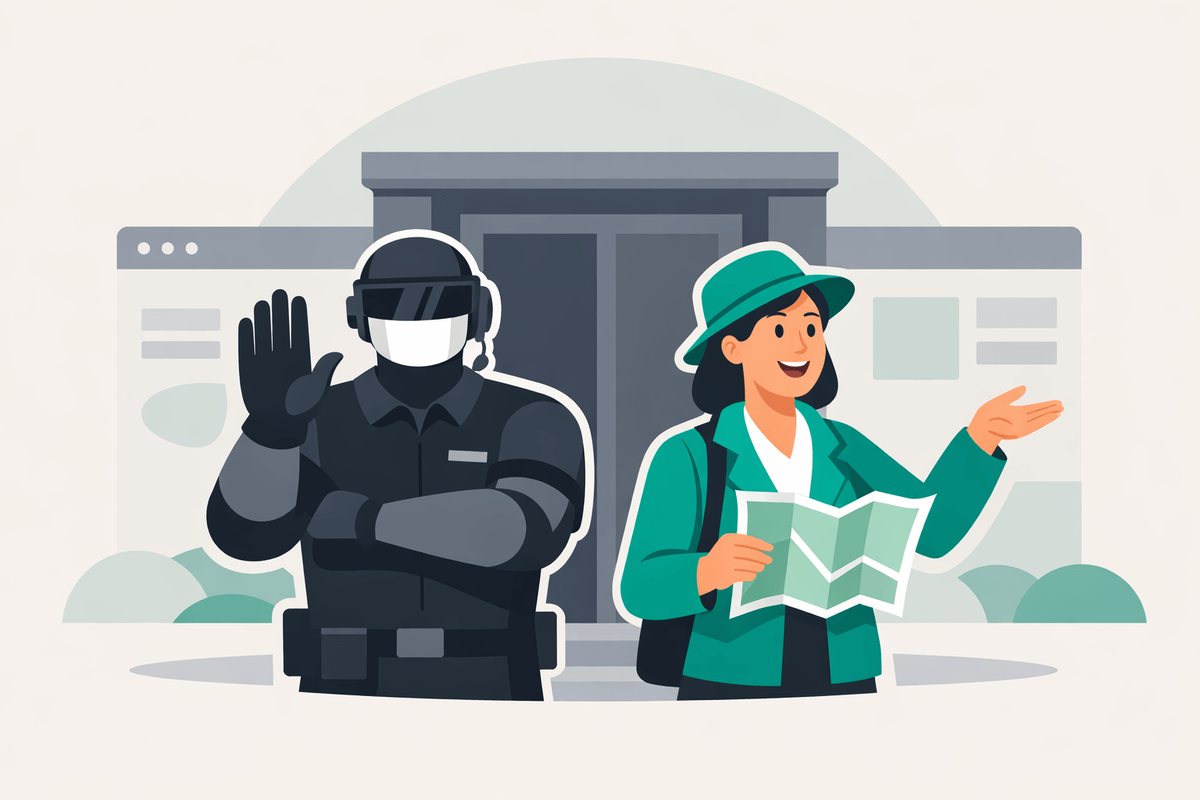 Illustration of a bouncer and tour guide symbolizing robots.txt and llms.txt for AI crawler guidance