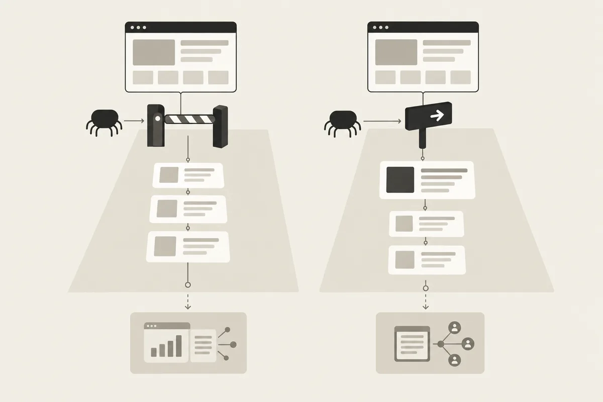 Diagramma comparativo tra controllo degli accessi di robots.txt e guida al recupero AI di llms.txt.