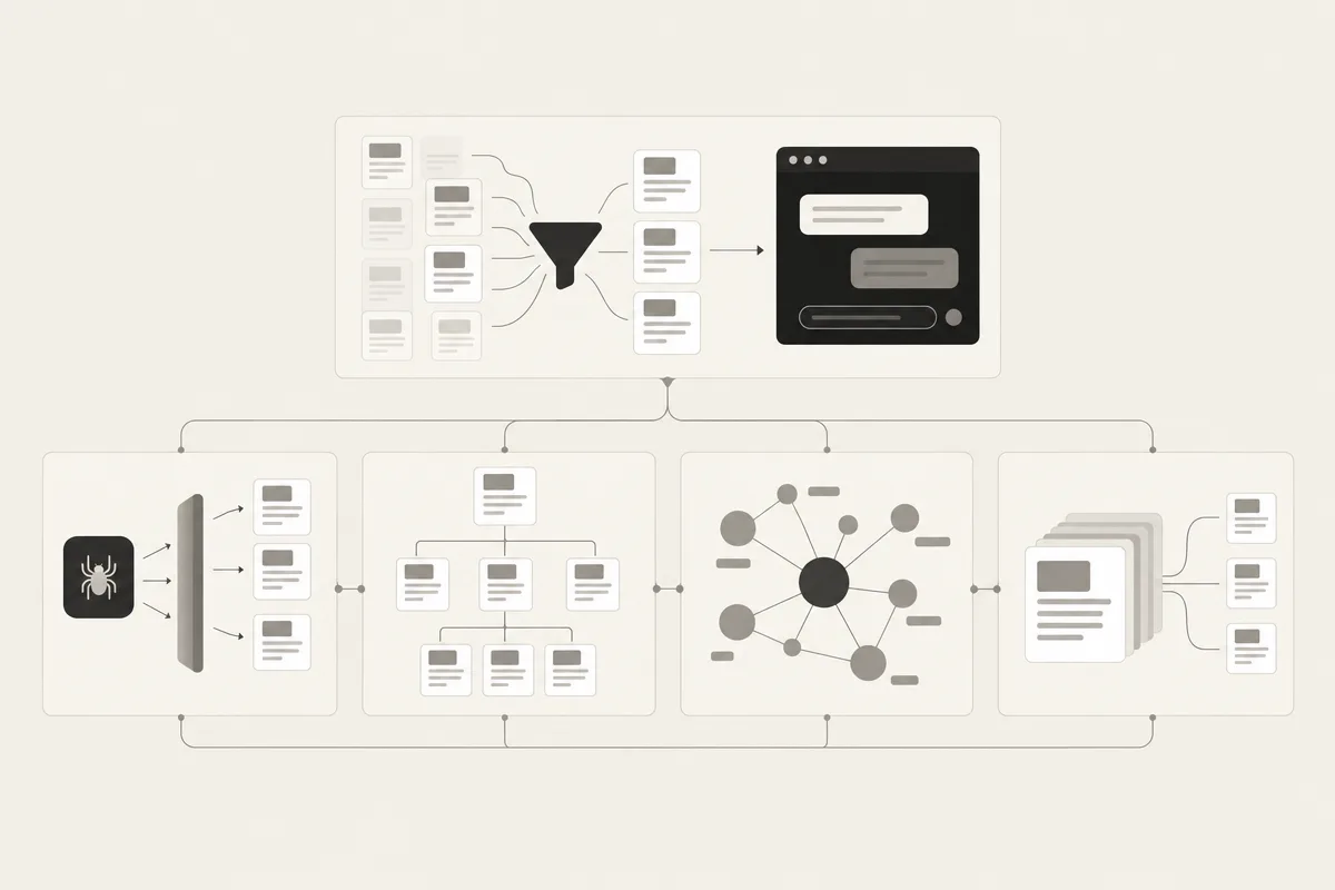 Diagramma della curation layer di llms.txt accanto a crawl, sitemap, dati strutturati e URL canonici.