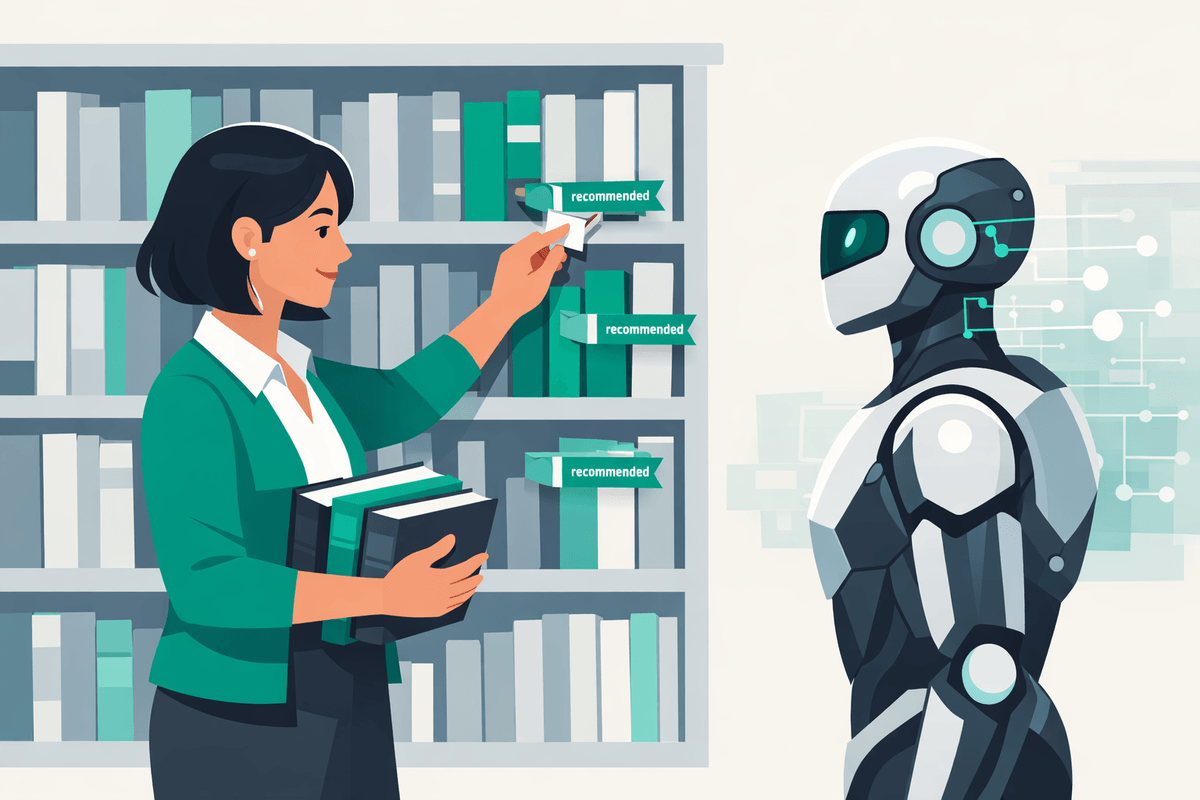 Illustration of a librarian labeling recommended books for an AI reader illustrating llms.txt content guidance