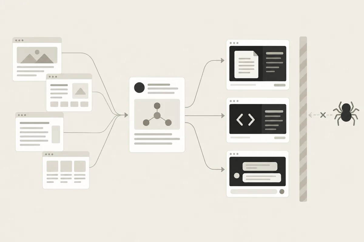 Diagramma senza testo: llms.txt orienta il recupero AI verso documenti, API e risposte.