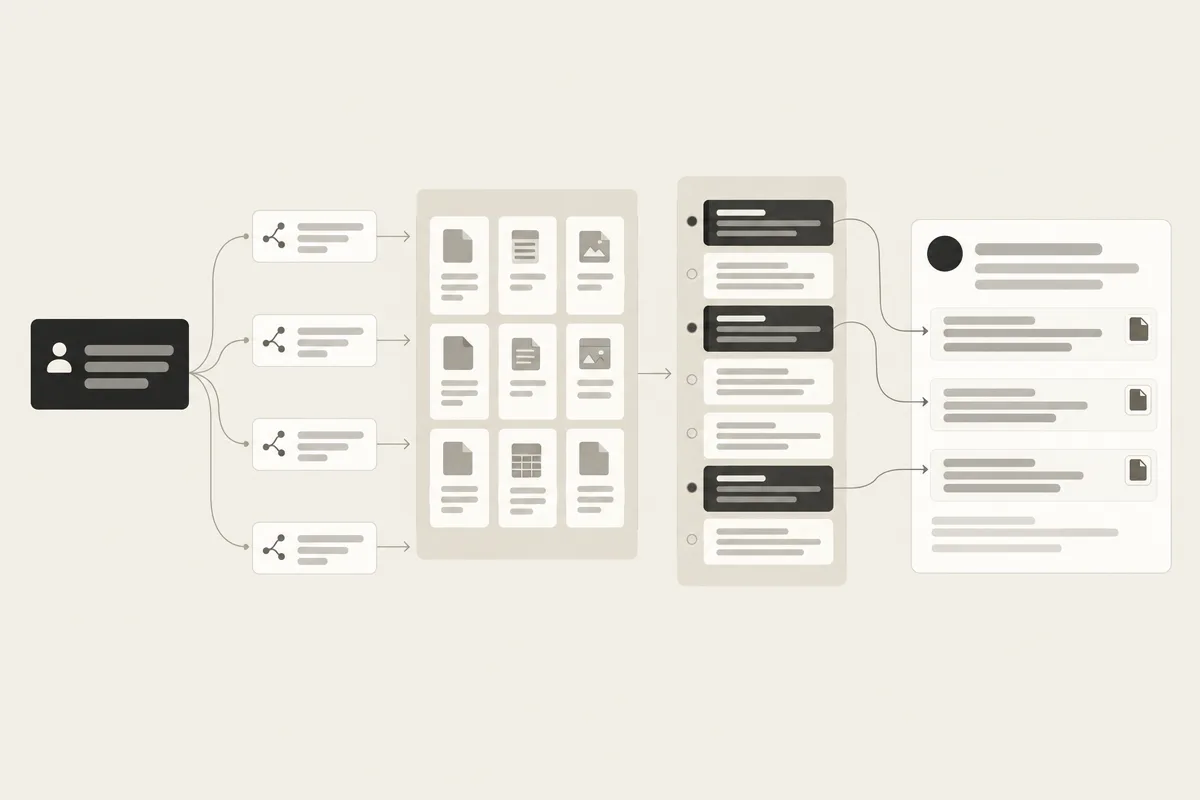 Una query si divide in sotto-domande, passa da estratti selezionati e arriva a una risposta AI citata.