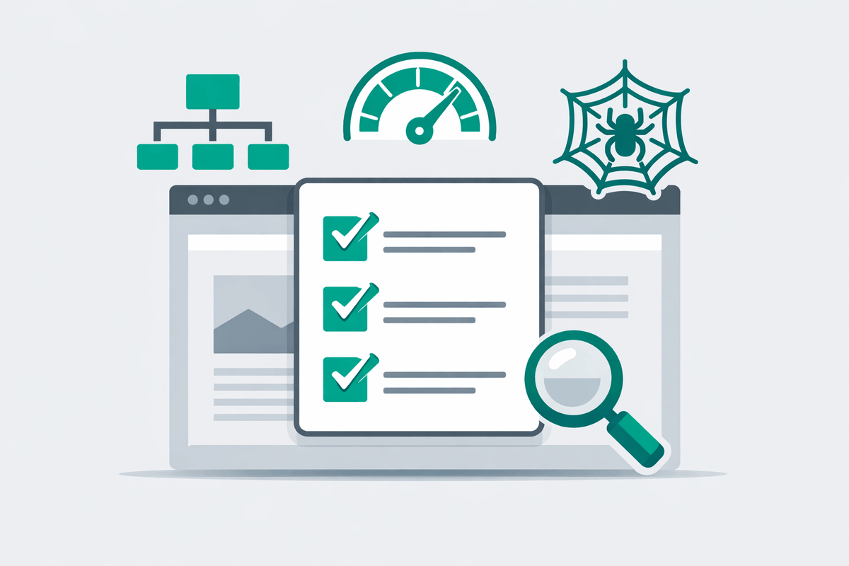 Checklist overlay on website showing schema, speed, and crawlability for Perplexity SEO technical implementation