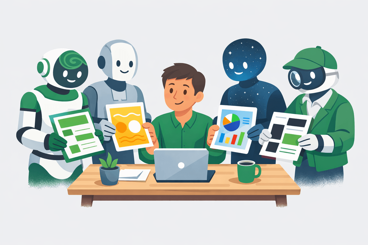Four AI personas handing different styled reports to a marketer for tracking brand sentiment in LLMs