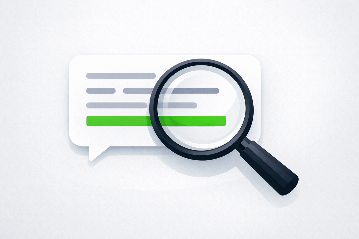 Magnifying glass highlighting a brand mention in an AI chat response for tracking brand sentiment in LLMs