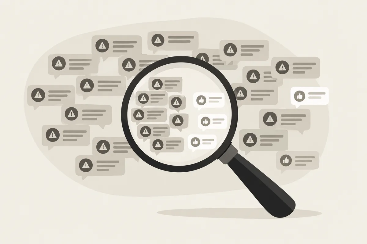 A magnifying glass reveals that frequent AI mentions can still carry negative sentiment.