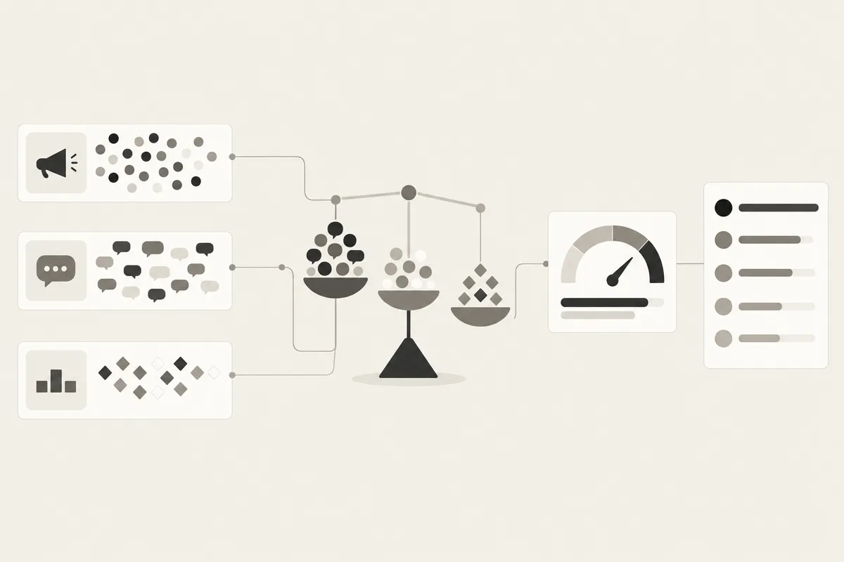 A weighted diagram combines mention frequency, sentiment quality, and competitors into an AI visibility score.